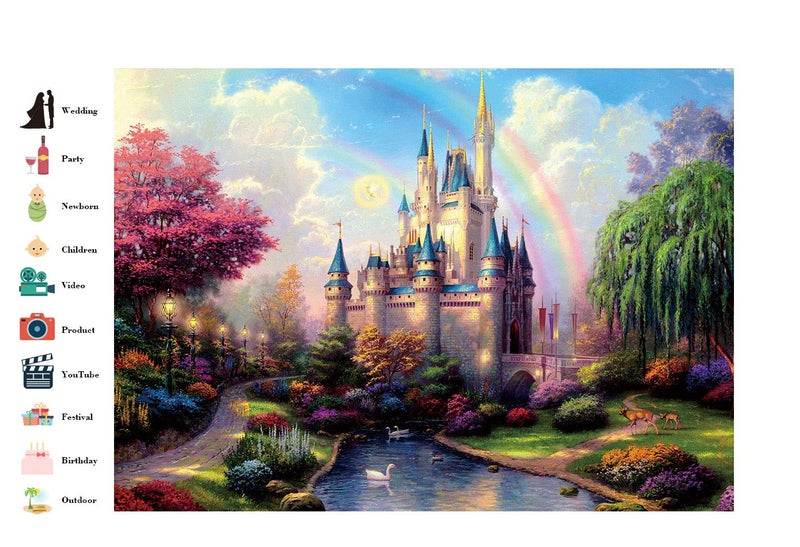 HVEST 7x5ft Princess Castle Birthday Backdrop for Photography Fairy Tale Blue Sky and White Clouds Backgrounds Kids Children Girls Princess Birthday Party Cake Table Banner Baby Shower Photo Booth Props - Image 3